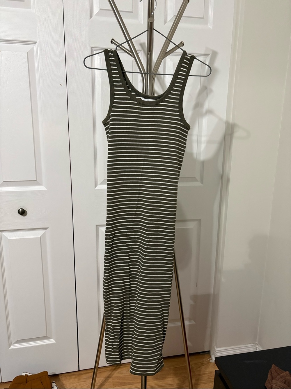 Sleeveless Olive Green & White Striped Tank Dress